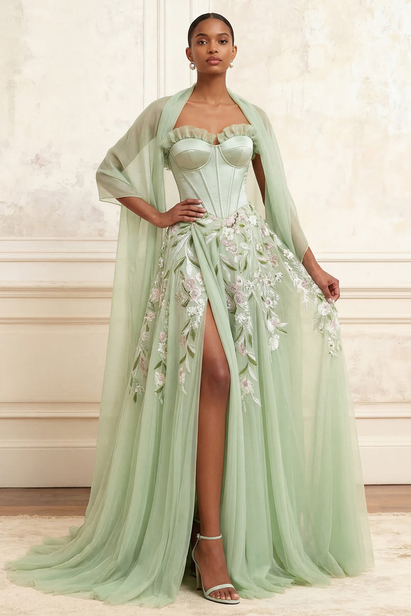 Load image into Gallery viewer, Dusty Sage Floral Ruffled Long Corset A Line Formal Dress with Shawl