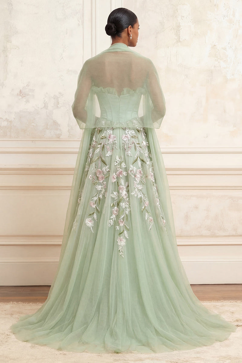 Load image into Gallery viewer, Dusty Sage Floral Ruffled Long Corset A Line Formal Dress with Shawl