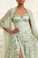 Load image into Gallery viewer, Dusty Sage Floral Ruffled Long Corset A Line Formal Dress with Shawl