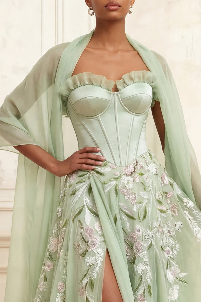 Load image into Gallery viewer, Dusty Sage Floral Ruffled Long Corset A Line Formal Dress with Shawl