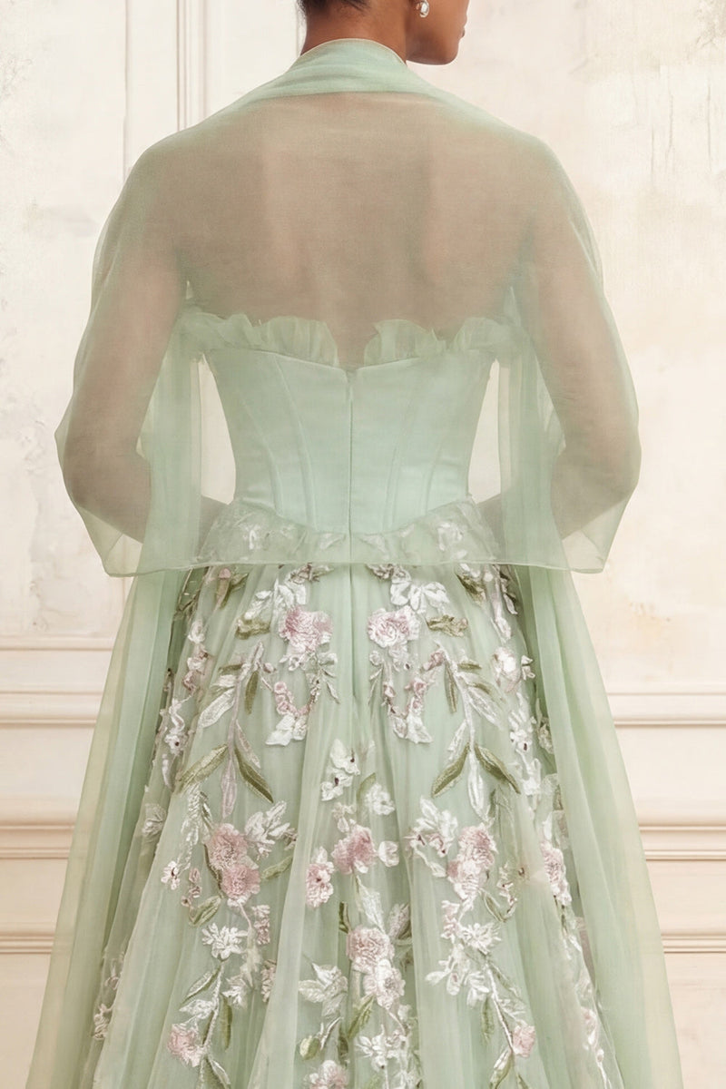 Load image into Gallery viewer, Dusty Sage Floral Ruffled Long Corset A Line Formal Dress with Shawl