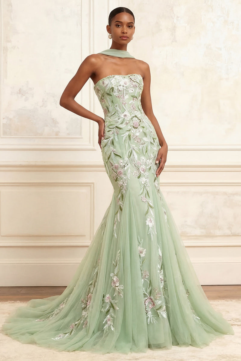 Load image into Gallery viewer, Floral Dusty Sage Mermaid Strapless Neck Scarf Long Formal Dress