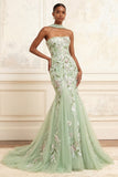 Floral Dusty Sage Mermaid Strapless Neck Scarf Long Formal Dress