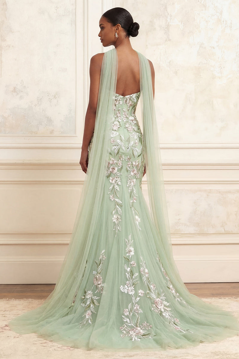 Load image into Gallery viewer, Floral Dusty Sage Mermaid Strapless Neck Scarf Long Formal Dress