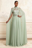 Floral Dusty Sage High Neck Beaded Long A Line Formal Dress with Cape