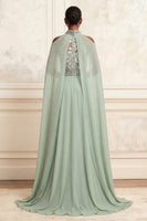 Load image into Gallery viewer, Floral Dusty Sage High Neck Beaded Long A Line Formal Dress with Cape