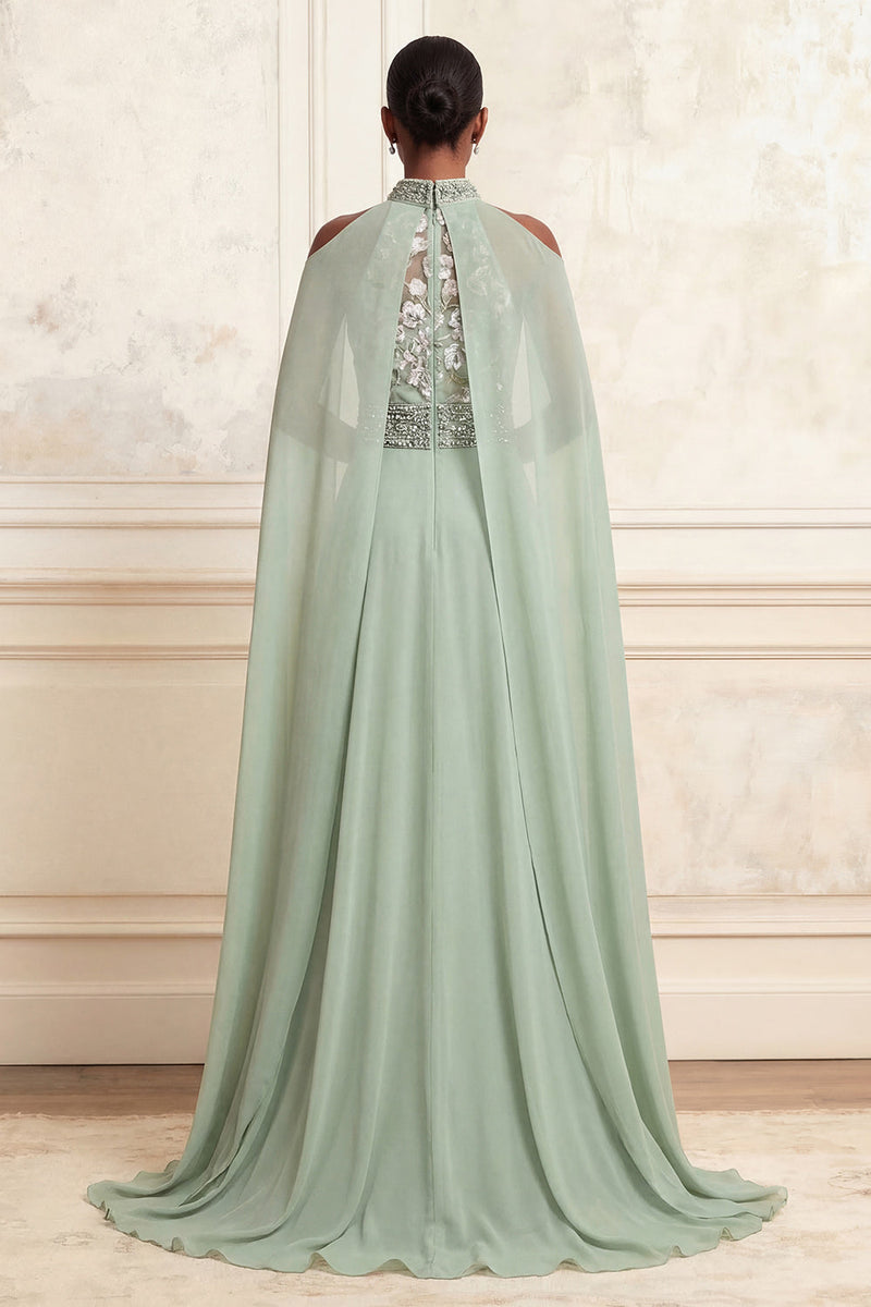 Load image into Gallery viewer, Floral Dusty Sage High Neck Beaded Long A Line Formal Dress with Cape