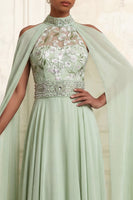 Load image into Gallery viewer, Floral Dusty Sage High Neck Beaded Long A Line Formal Dress with Cape