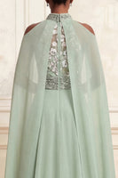 Load image into Gallery viewer, Floral Dusty Sage High Neck Beaded Long A Line Formal Dress with Cape