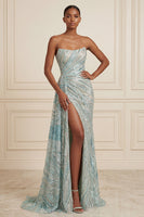 Load image into Gallery viewer, Sparkly Blue Beaded Mermaid Strapless Long Gala Dress with Side Cape