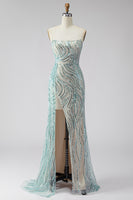 Load image into Gallery viewer, Sparkly Blue Beaded Mermaid Strapless Long Gala Dress with Side Cape