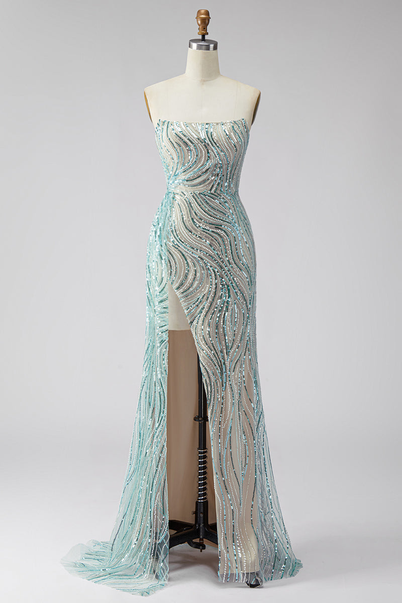 Load image into Gallery viewer, Sparkly Blue Beaded Mermaid Strapless Long Gala Dress with Side Cape