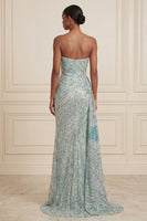 Load image into Gallery viewer, Sparkly Blue Beaded Mermaid Strapless Long Gala Dress with Side Cape