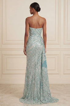 Sparkly Blue Beaded Mermaid Strapless Long Gala Dress with Side Cape