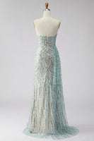 Load image into Gallery viewer, Sparkly Blue Beaded Mermaid Strapless Long Gala Dress with Side Cape