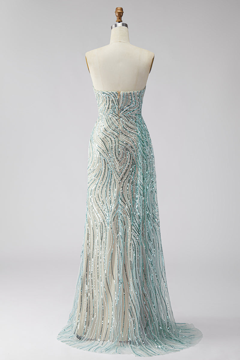 Load image into Gallery viewer, Sparkly Blue Beaded Mermaid Strapless Long Gala Dress with Side Cape