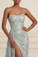 Load image into Gallery viewer, Sparkly Blue Beaded Mermaid Strapless Long Gala Dress with Side Cape