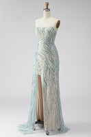 Load image into Gallery viewer, Sparkly Blue Beaded Mermaid Strapless Long Gala Dress with Side Cape