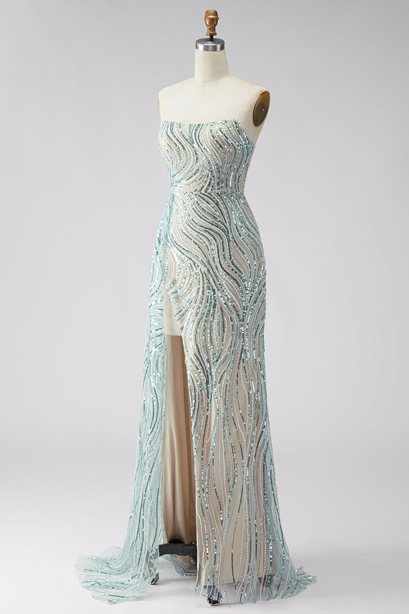 Load image into Gallery viewer, Sparkly Blue Beaded Mermaid Strapless Long Gala Dress with Side Cape