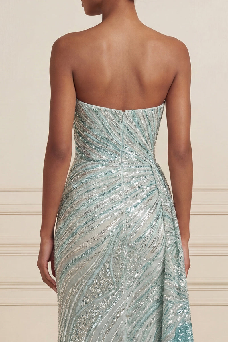 Load image into Gallery viewer, Sparkly Blue Beaded Mermaid Strapless Long Gala Dress with Side Cape