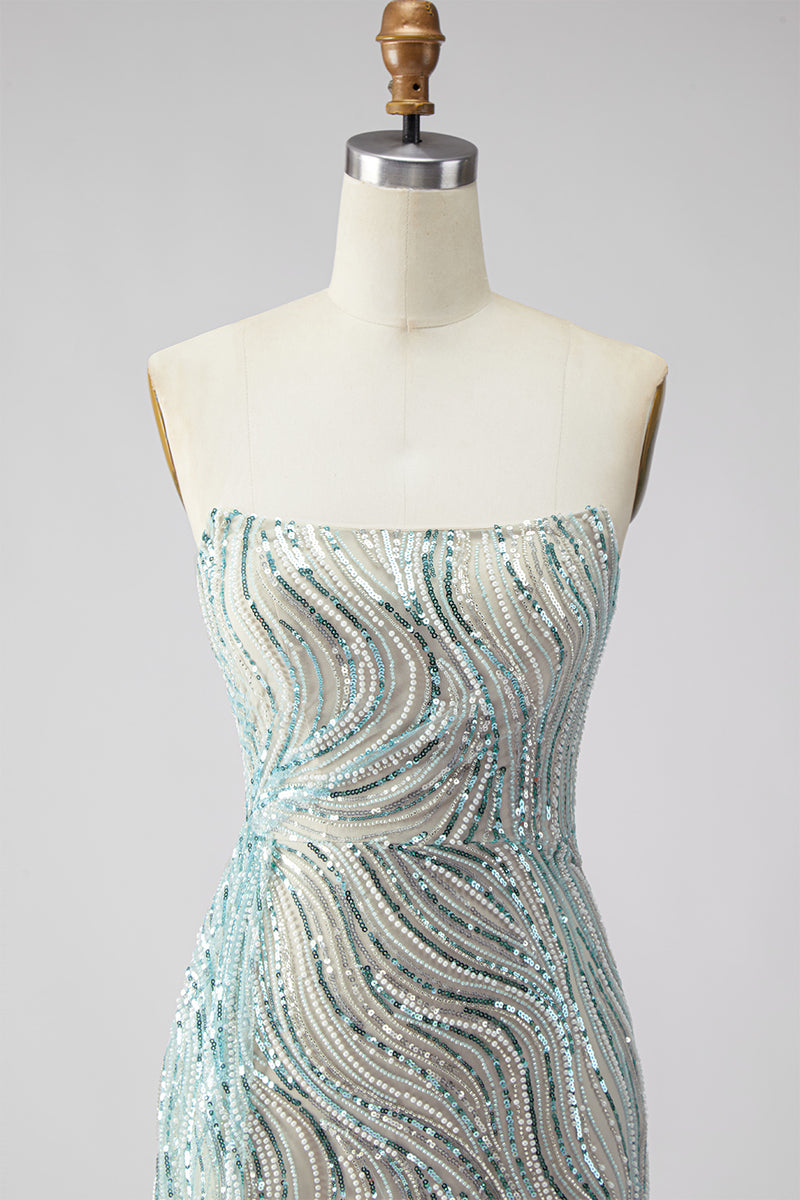 Load image into Gallery viewer, Sparkly Blue Beaded Mermaid Strapless Long Gala Dress with Side Cape