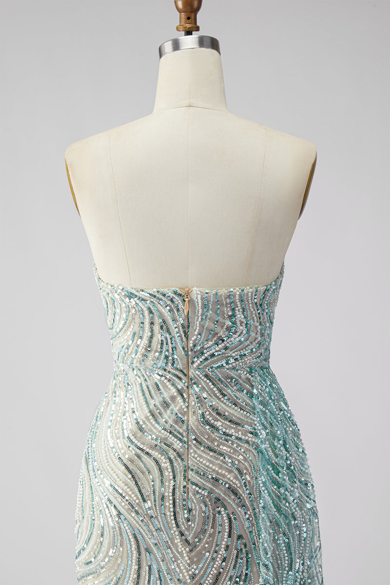 Load image into Gallery viewer, Sparkly Blue Beaded Mermaid Strapless Long Gala Dress with Side Cape
