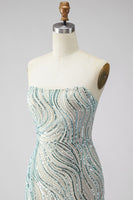Load image into Gallery viewer, Sparkly Blue Beaded Mermaid Strapless Long Gala Dress with Side Cape