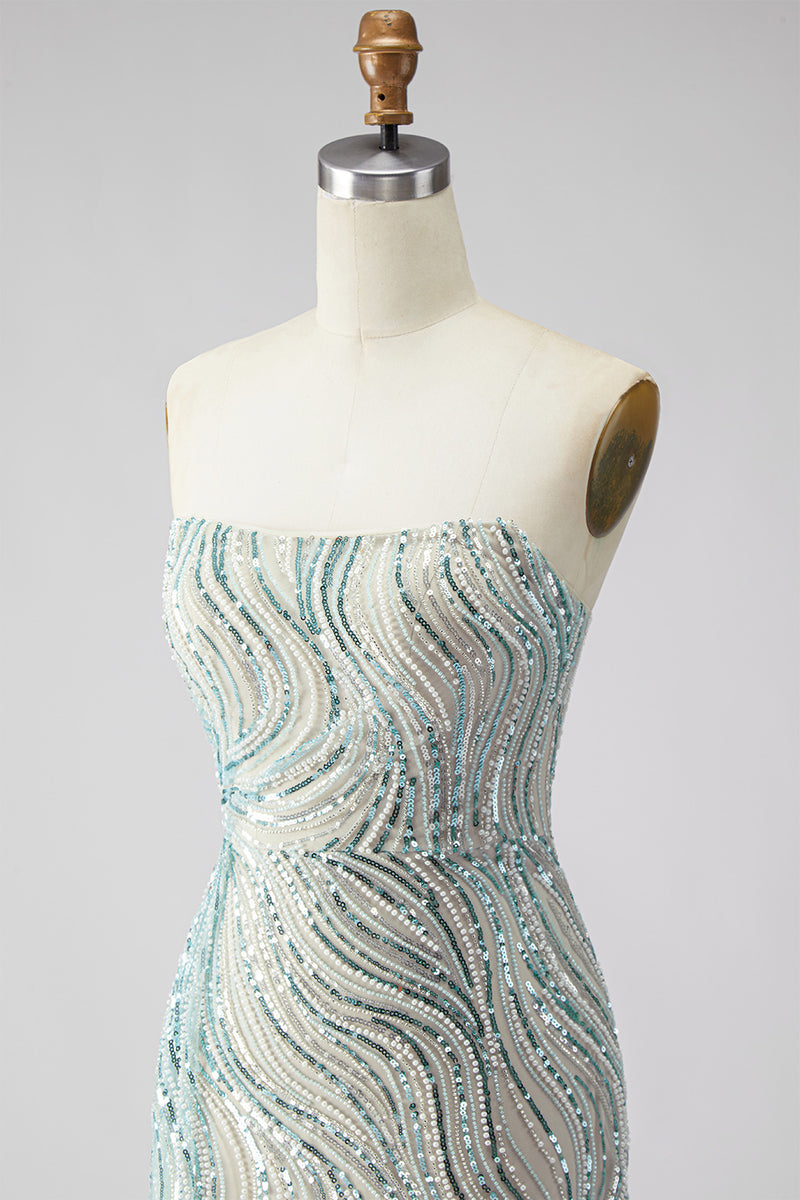 Load image into Gallery viewer, Sparkly Blue Beaded Mermaid Strapless Long Gala Dress with Side Cape