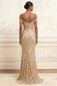 Sparkly Champagne Mermaid Beaded Long Off the Shoulder Gala Dress