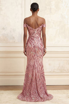 Sparkly Pink Off the Shoulder Mermaid Beaded Long Gala Dress