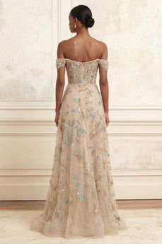Sparkly Champagne Beaded A Line Long Corset Floral Gala Dress