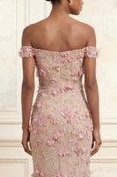 Load image into Gallery viewer, Sparkly Floral Beaded Pink Long Off the Shoulder Mermaid Gala Dress