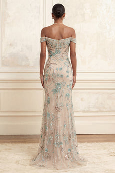 Sparkly Champagne Beaded Long Floral Off the Shoulder Gala Dress