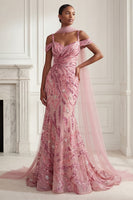 Load image into Gallery viewer, Sparkly Pink Cold Shoulder Long Neck Scarf Beaded Mermaid Gala Dress