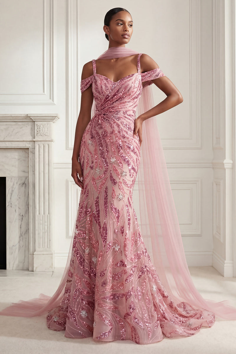 Load image into Gallery viewer, Sparkly Pink Cold Shoulder Long Neck Scarf Beaded Mermaid Gala Dress