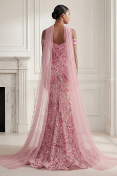 Sparkly Pink Cold Shoulder Long Neck Scarf Beaded Mermaid Gala Dress