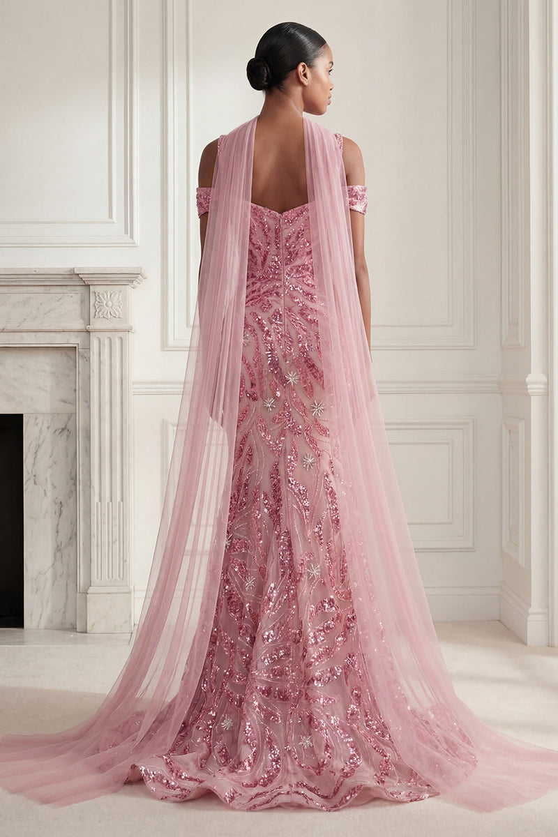 Load image into Gallery viewer, Sparkly Pink Cold Shoulder Long Neck Scarf Beaded Mermaid Gala Dress