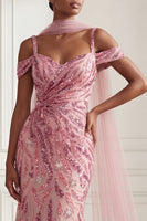Load image into Gallery viewer, Sparkly Pink Cold Shoulder Long Neck Scarf Beaded Mermaid Gala Dress