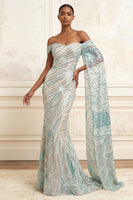 Load image into Gallery viewer, Sparkly Blue Mermaid Beaded Off the Shoulder Long Gala Dress with Side Cape