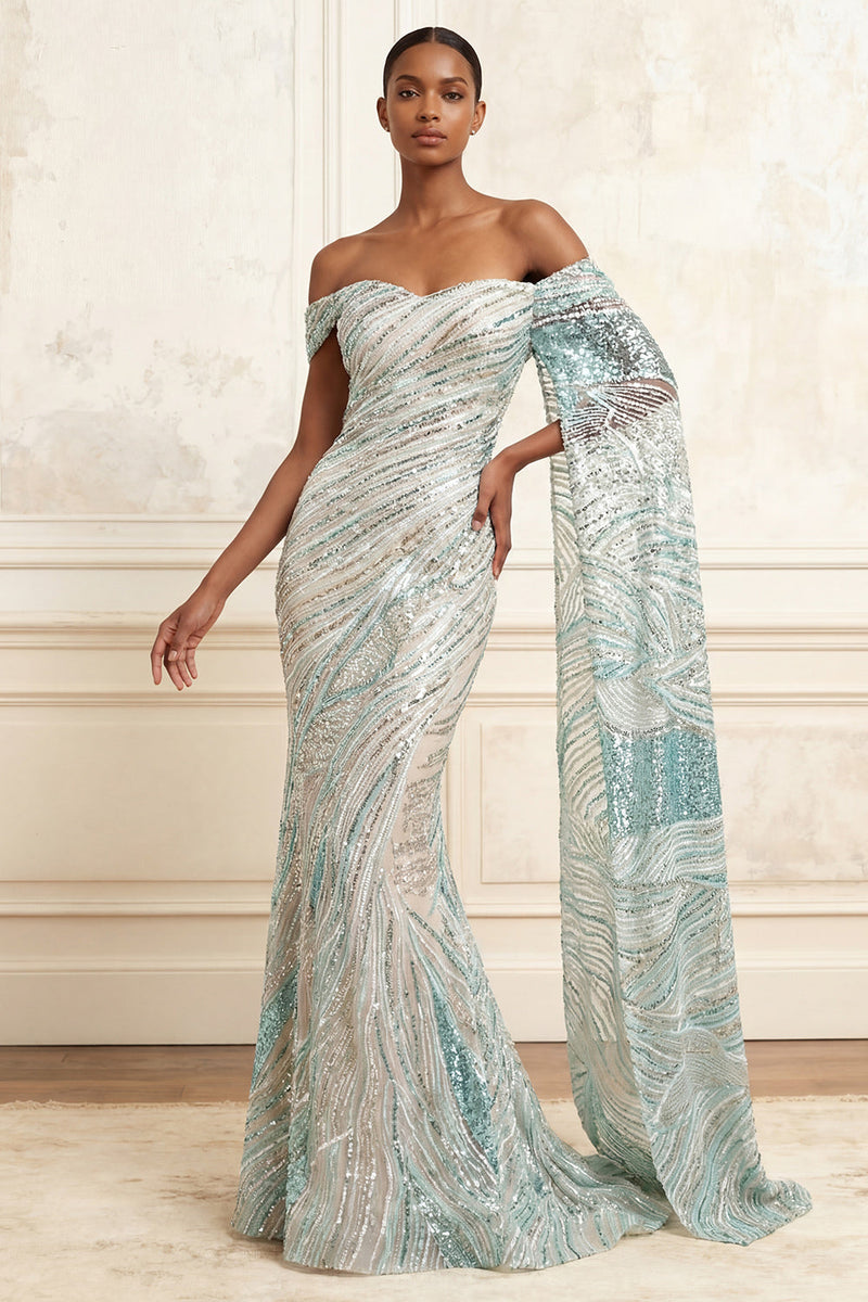 Load image into Gallery viewer, Sparkly Blue Mermaid Beaded Off the Shoulder Long Gala Dress with Side Cape