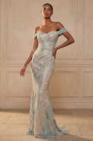 Load image into Gallery viewer, Sparkly Blue Mermaid Off the Shoulder Beaded Long Gala Dress