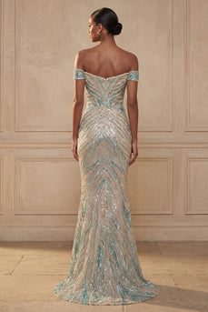 Sparkly Blue Mermaid Off the Shoulder Beaded Long Gala Dress