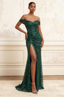 Load image into Gallery viewer, Sparkly Dark Green Sequin Mermaid Ruched Long Gala Dress with Slit