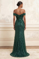 Load image into Gallery viewer, Sparkly Dark Green Sequin Mermaid Ruched Long Gala Dress with Slit