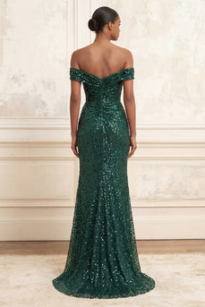 Sparkly Dark Green Sequin Mermaid Ruched Long Gala Dress with Slit
