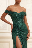 Load image into Gallery viewer, Sparkly Dark Green Sequin Mermaid Ruched Long Gala Dress with Slit