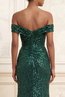 Load image into Gallery viewer, Sparkly Dark Green Sequin Mermaid Ruched Long Gala Dress with Slit