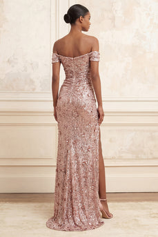 Sparkly Blush Beaded Off the Shoulder Long Floral Gala Dress with Slit