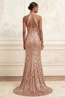 Sparkly Blush Halter Sequin Floral Long Gala Dress with Slit