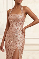 Load image into Gallery viewer, Sparkly Blush Halter Sequin Floral Long Gala Dress with Slit